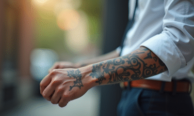 Homme élégant avec tatouages visibles en levant sa manche
