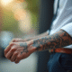 Homme élégant avec tatouages visibles en levant sa manche