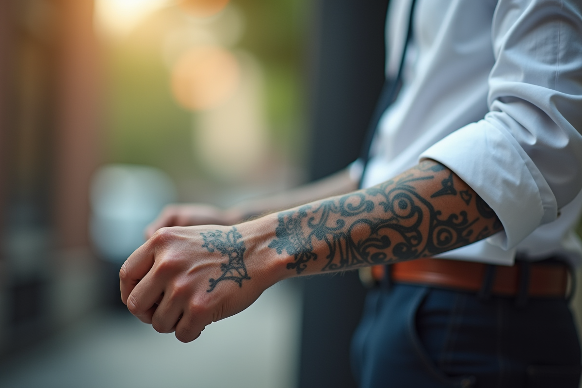 Homme élégant avec tatouages visibles en levant sa manche