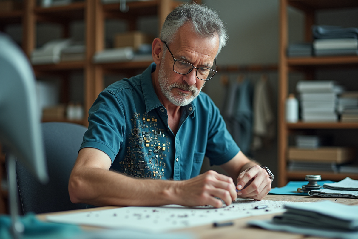 Homme cousant un vêtement électronique dans son atelier