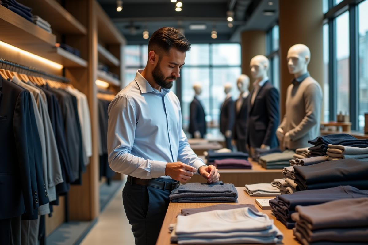 Homme d affaires examinant des vêtements dans un magasin moderne