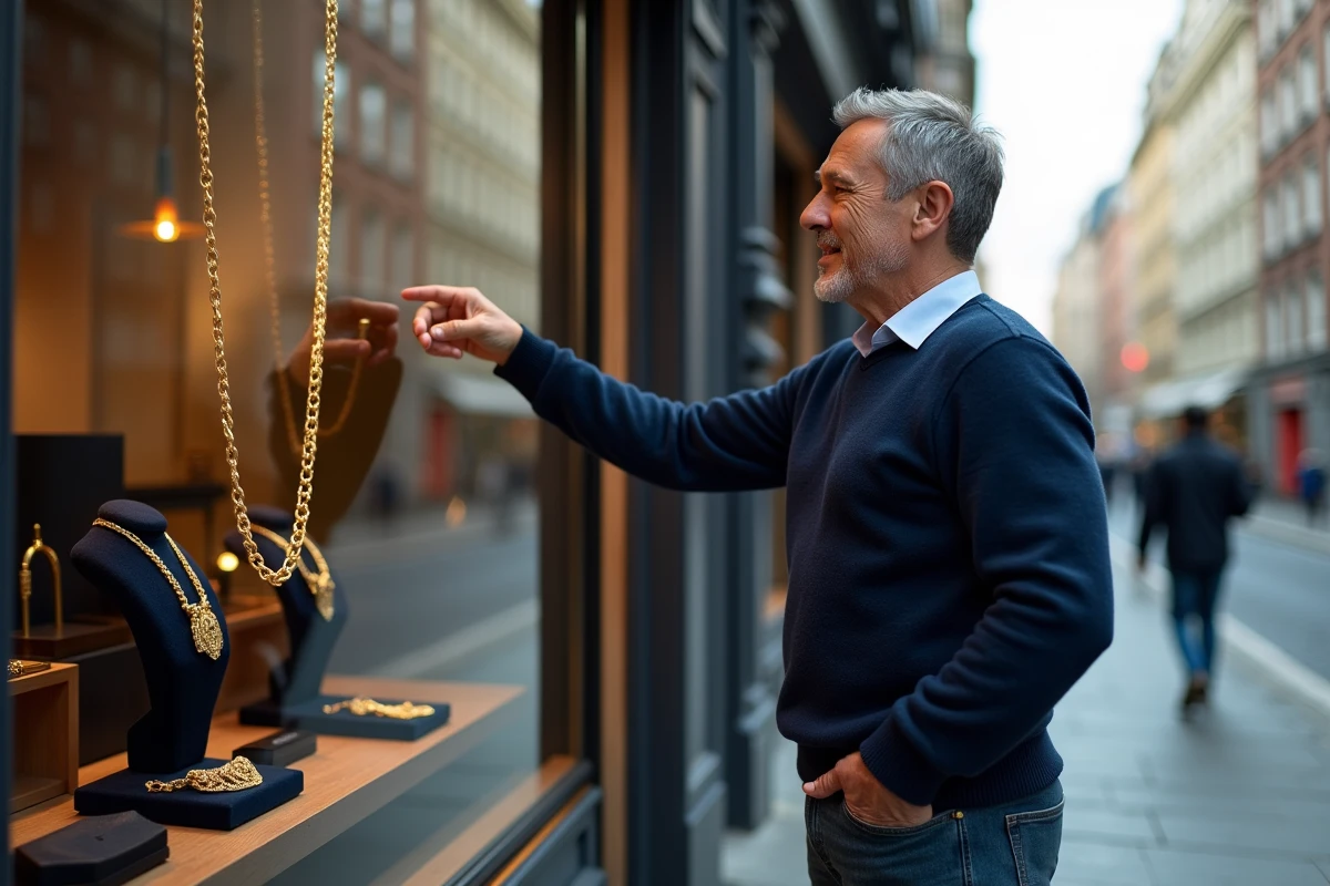 Homme pointant une chaîne en or dans une vitrine de bijouterie