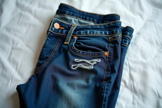 Jean en denim indigo posé à plat montrant des déformations et des coutures abîmées après un lavage incorrect