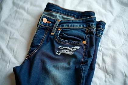 Jean en denim indigo posé à plat montrant des déformations et des coutures abîmées après un lavage incorrect