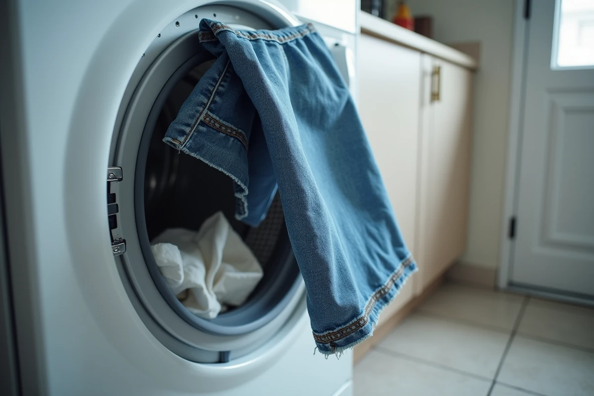 Jean bleu posé sur un sèche-linge domestique avec tissu rigide et coutures abîmées par une chaleur excessive
