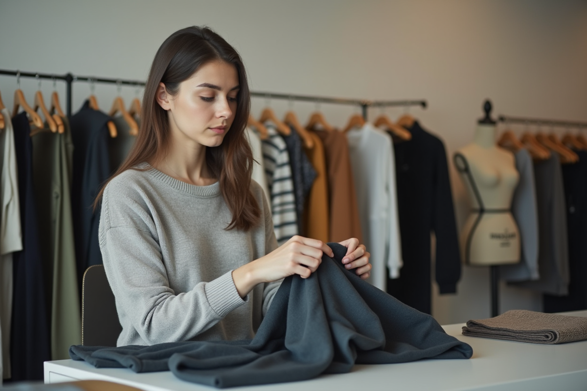 Jeune employée dans magasin de vêtements vide