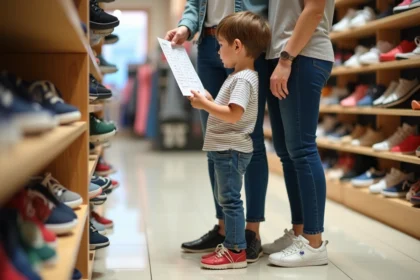 Jeune garçon regardant un tableau de pointure avec sa mère