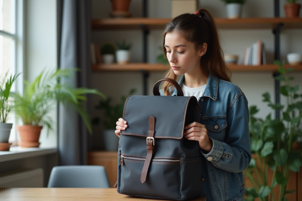 Jeune femme inspectant un sac à dos en tissu foncé dans un intérieur lumineux