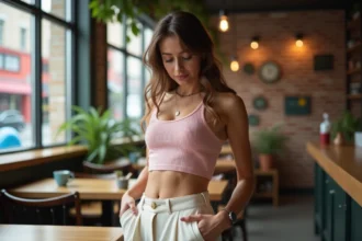 Jeune femme en crop top pastel dans un café urbain