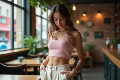 Jeune femme en crop top pastel dans un café urbain