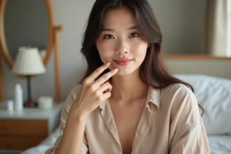 Jeune femme appliquant du maquillage sur ses lèvres dans sa chambre