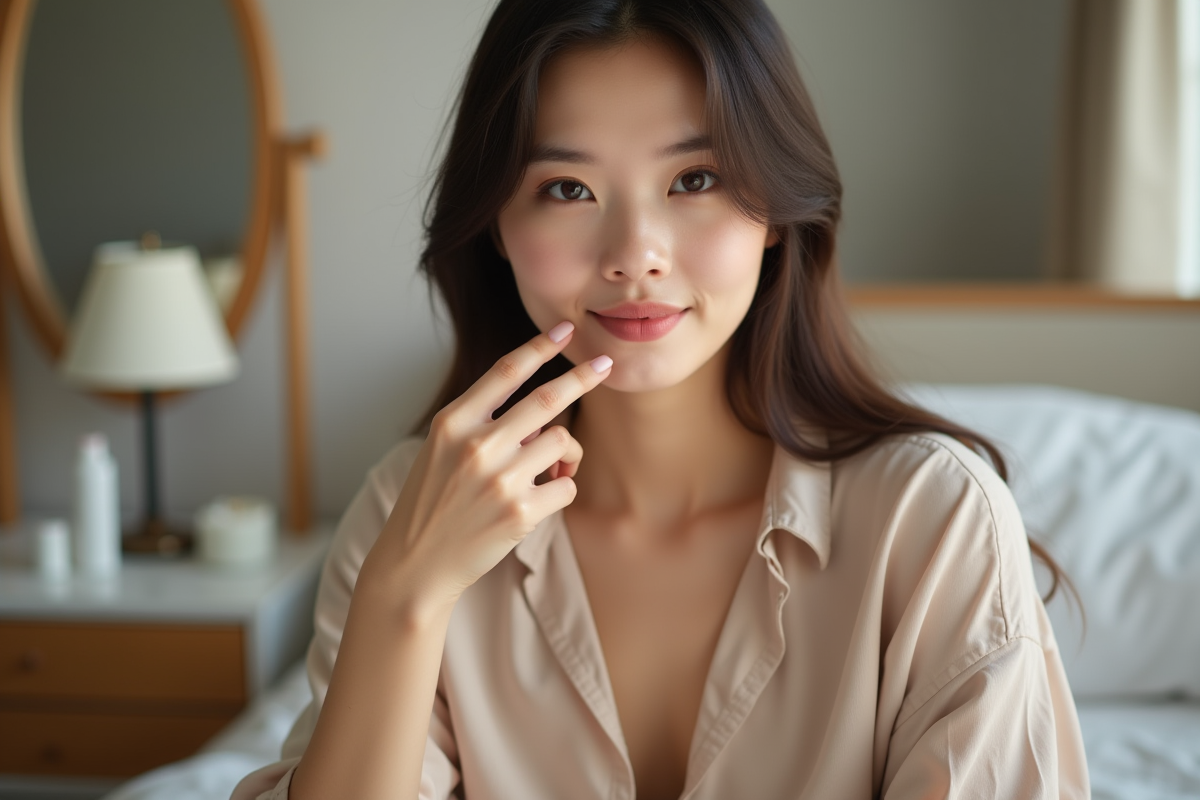 Jeune femme appliquant du maquillage sur ses lèvres dans sa chambre