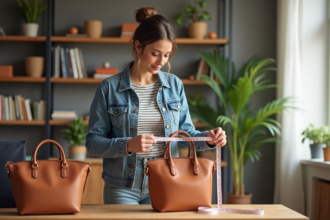 Jeune femme mesure un sac en cuir dans un intérieur lumineux