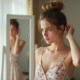 Jeune femme en robe pastel ajustant sa coiffure dans un miroir