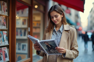 Jeune femme en trench beige regardant magazines mode en ville