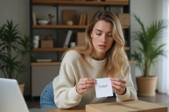 Jeune femme examine un colis à la maison avec étiquette Sonstige Marke
