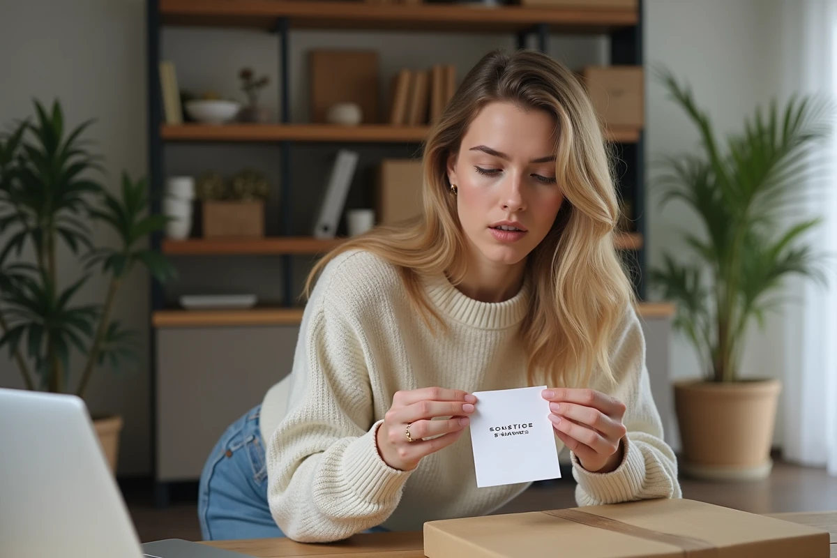 Jeune femme examine un colis à la maison avec étiquette Sonstige Marke