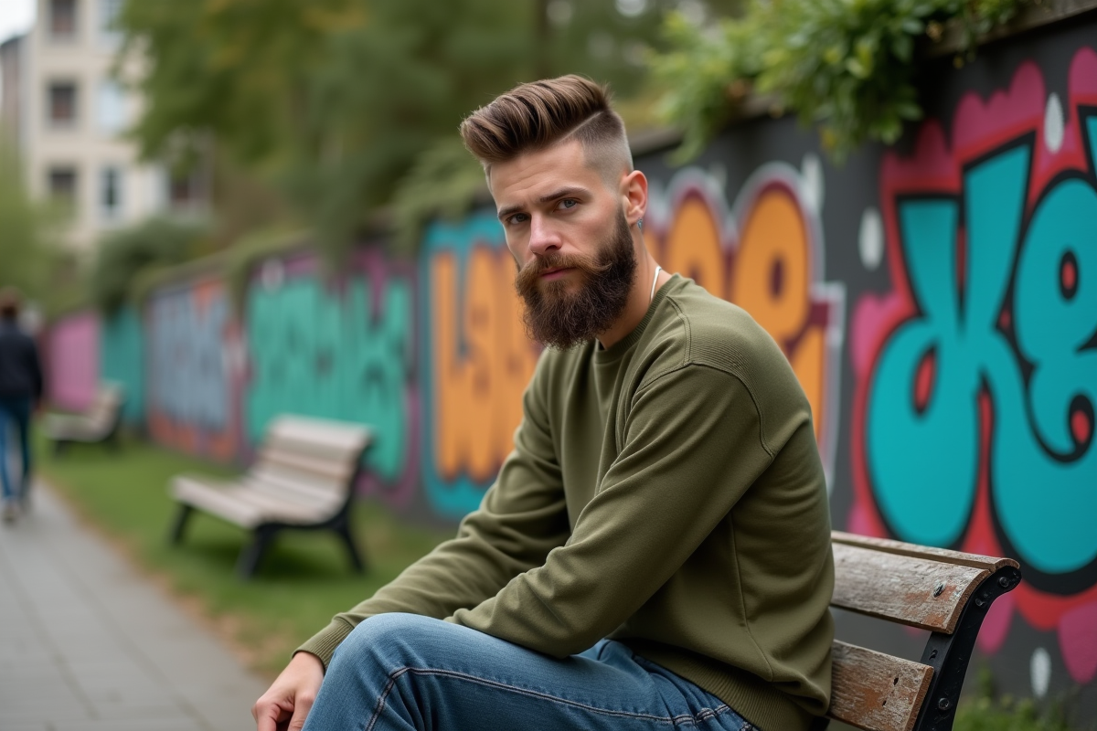 Jeune femme avec undercut dans un parc urbain animé