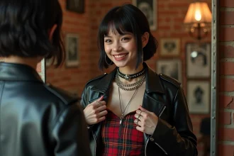 Jeune femme punk ajustant un collier à clous dans un appartement vintage