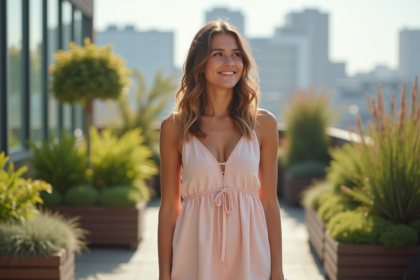 Jeune femme souriante en robe d'été pastel sur un rooftop urbain