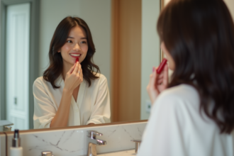 Jeune femme appliquant du rouge à lèvres dans la salle de bain