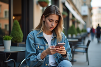 Jeune femme urbaine utilisant son smartphone en terrasse