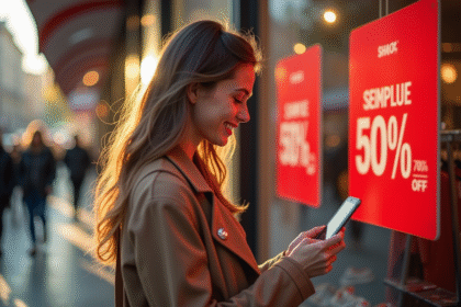 Jeune femme souriante vérifiant son smartphone devant une vitrine de magasin avec des panneaux de soldes rouges