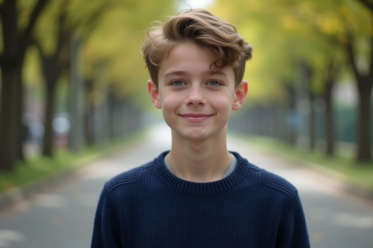 Jeune garçon souriant dans un parc urbain