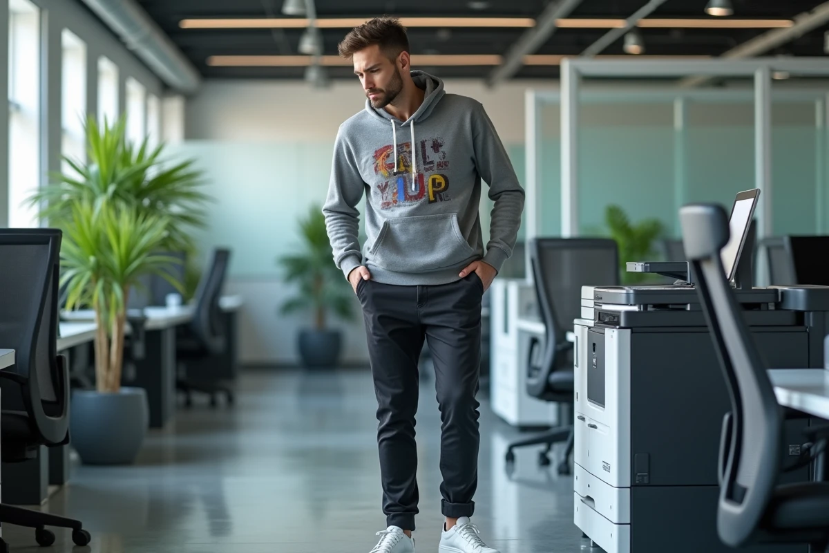 Jeune homme ajustant sa chaussure au bureau