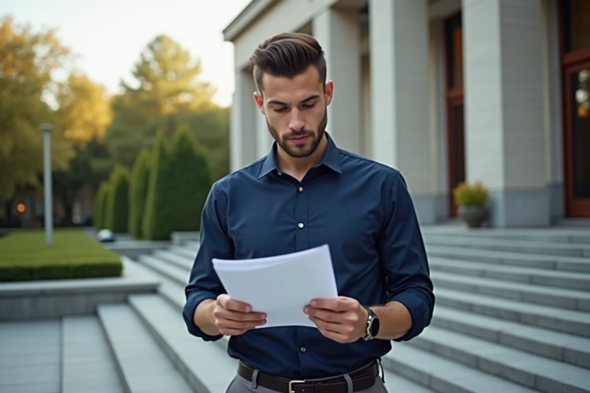 Jeune homme examine des documents devant un bâtiment officiel