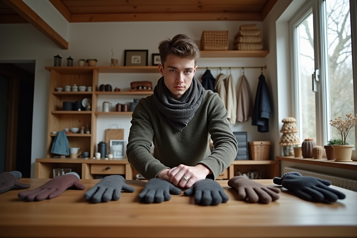 Jeune homme vérifiant la taille de gants d