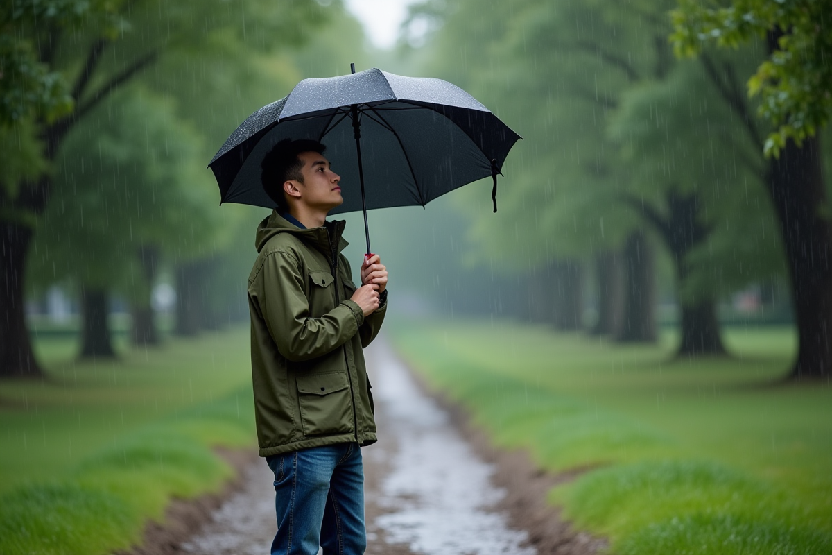 Jeune homme avec parapluie dans un parc vert