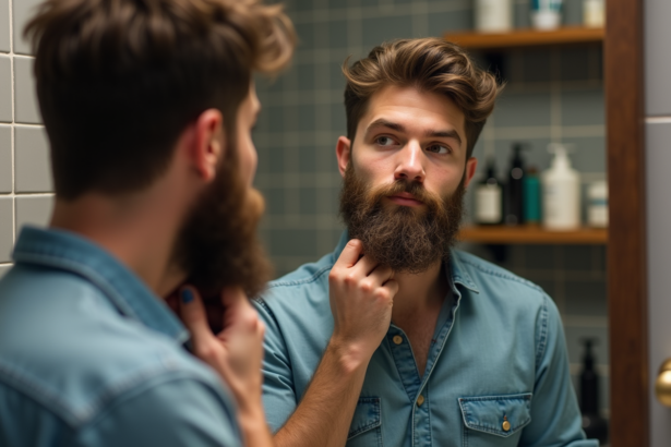 Jeune homme avec barbe en train de se raser dans la salle de bain