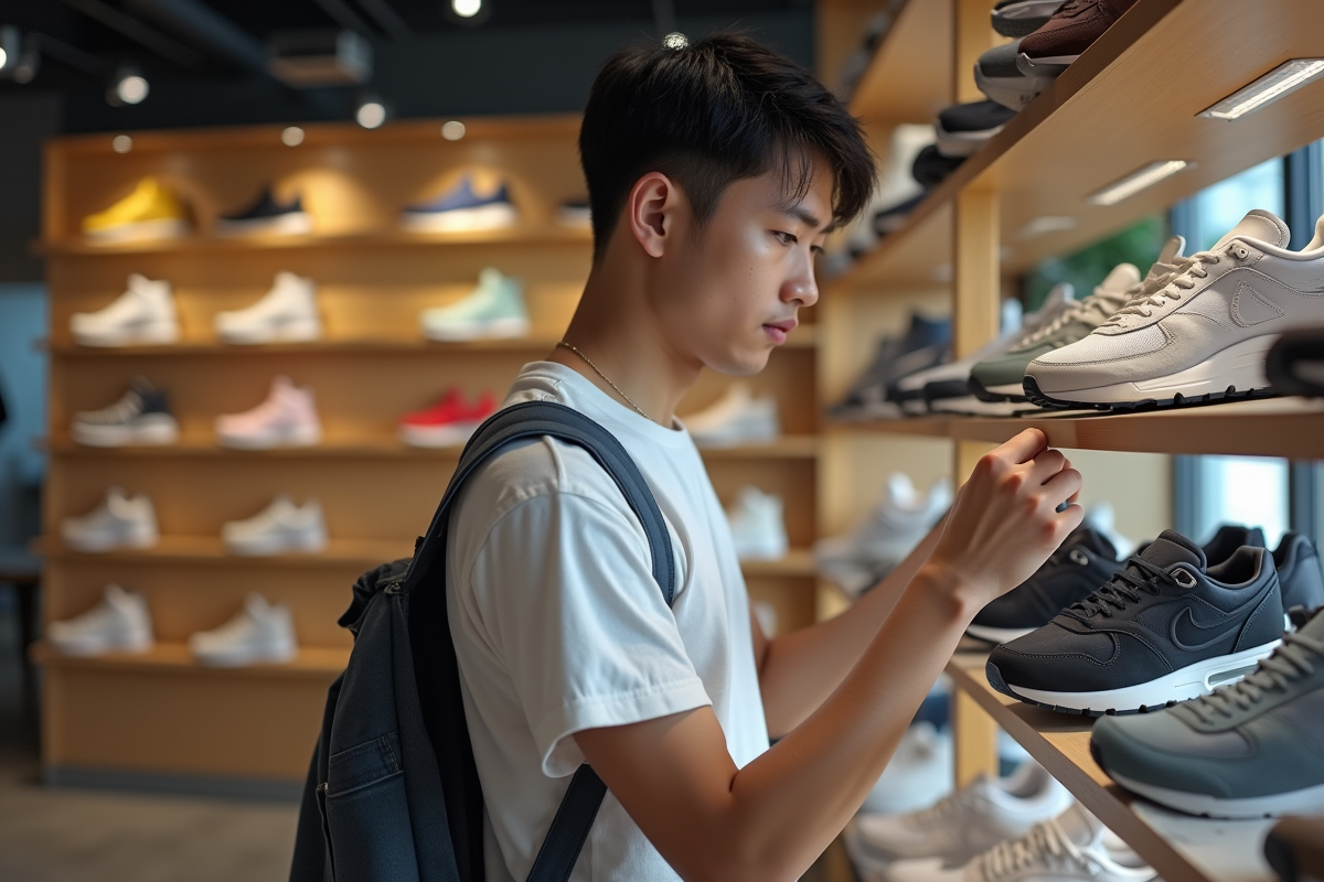 Jeune homme inspectant des sneakers dans une boutique urbaine
