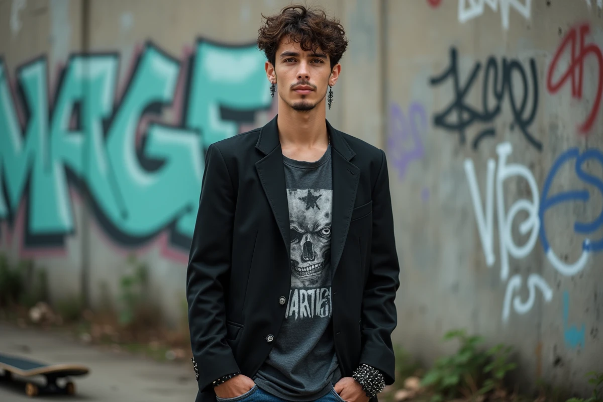 Jeune homme streetstyle avec bijoux punk devant un mur graffite