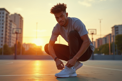 Jeune homme confiant préparant son basket en ville au lever du soleil