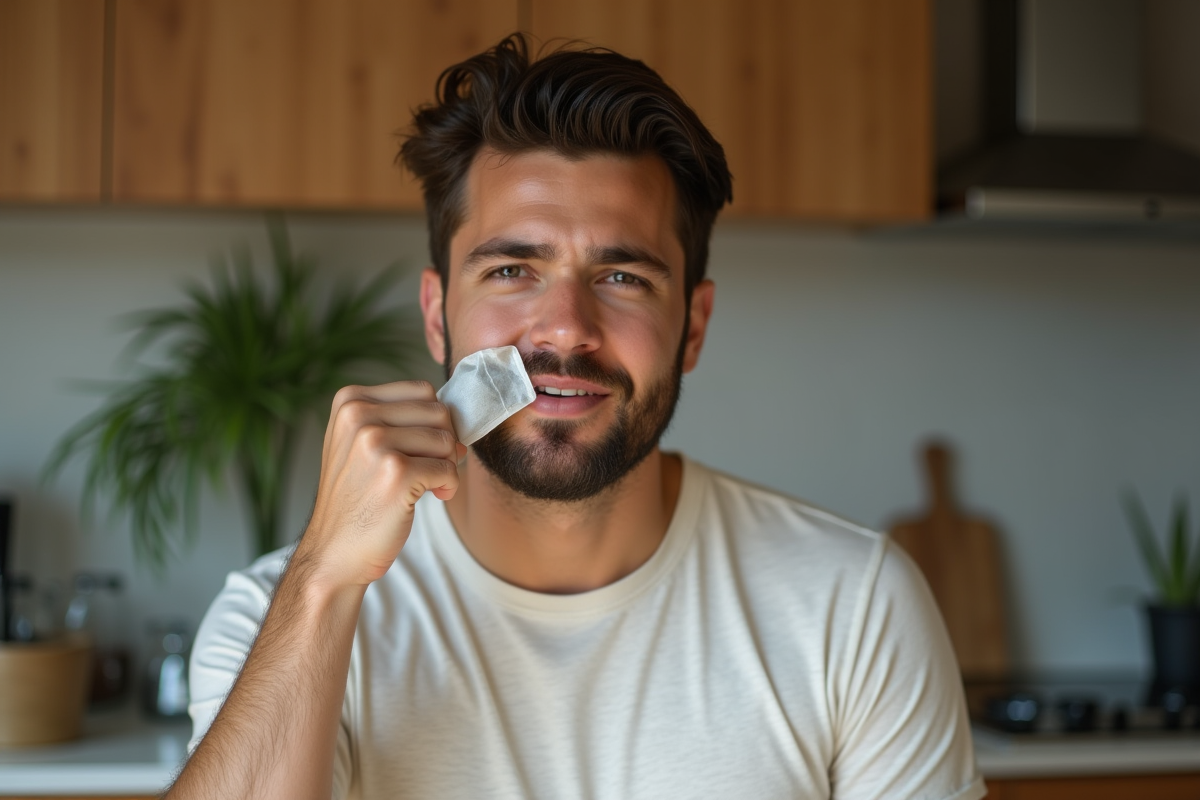 Jeune homme se relaxant avec un sachet de camomille dans la cuisine