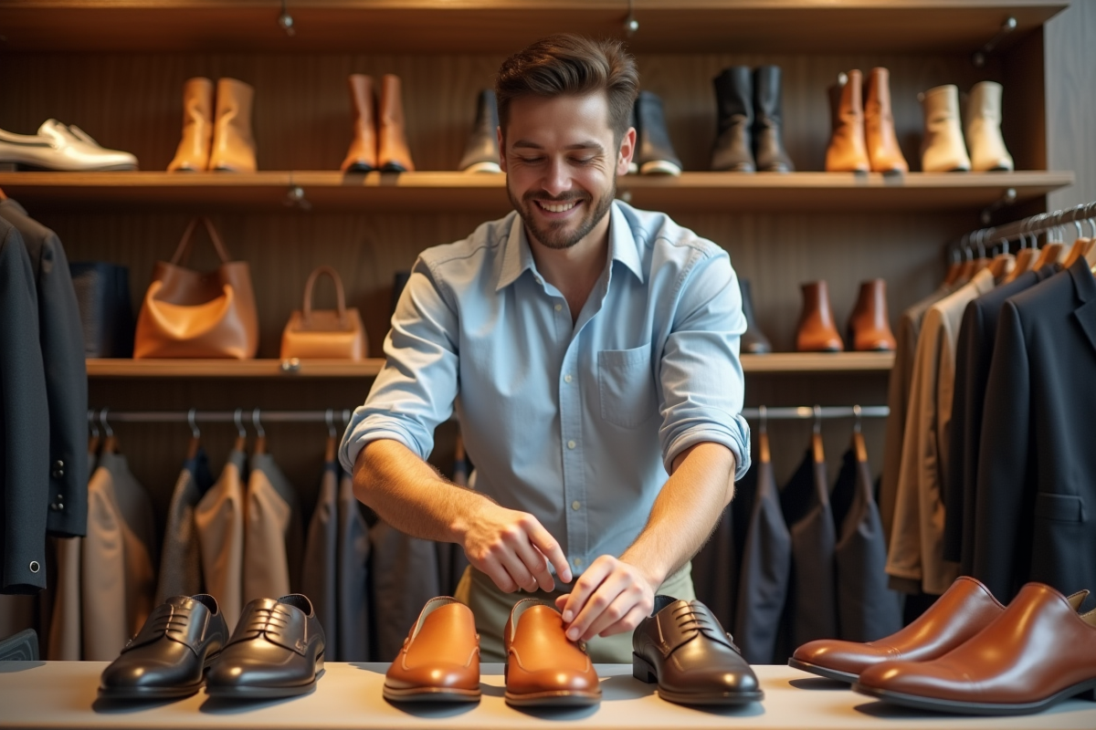 Jeune vendeur arrangeant des chaussures de luxe dans une boutique chic