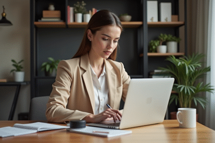 Jeune femme professionnelle en bureau moderne avec laptop et produits de marque