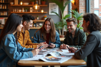 Groupe de jeunes adultes discutant dans un café moderne