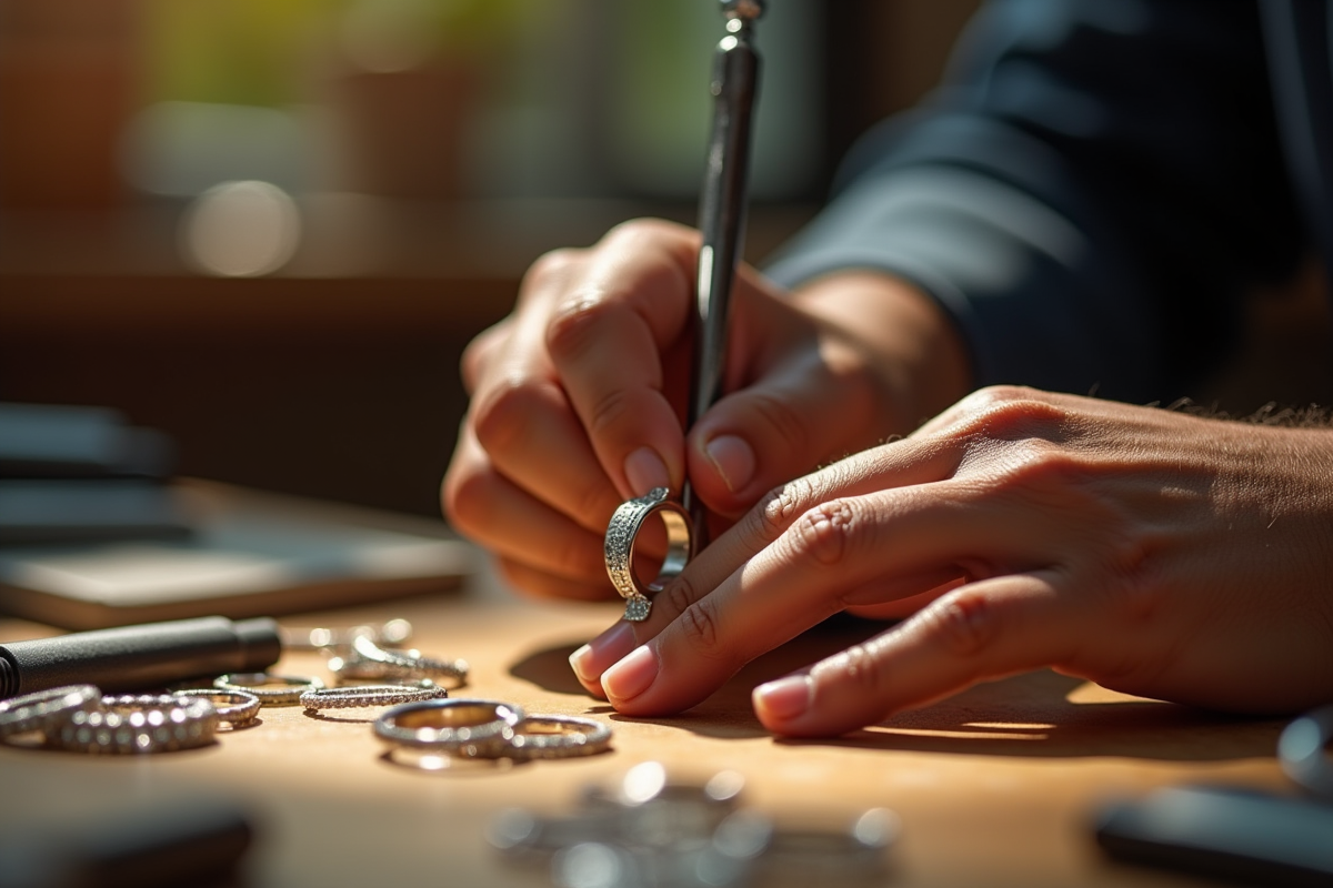 Bijoutier utilisant un gabarit de bague sur un doigt avec outils et bagues brillantes