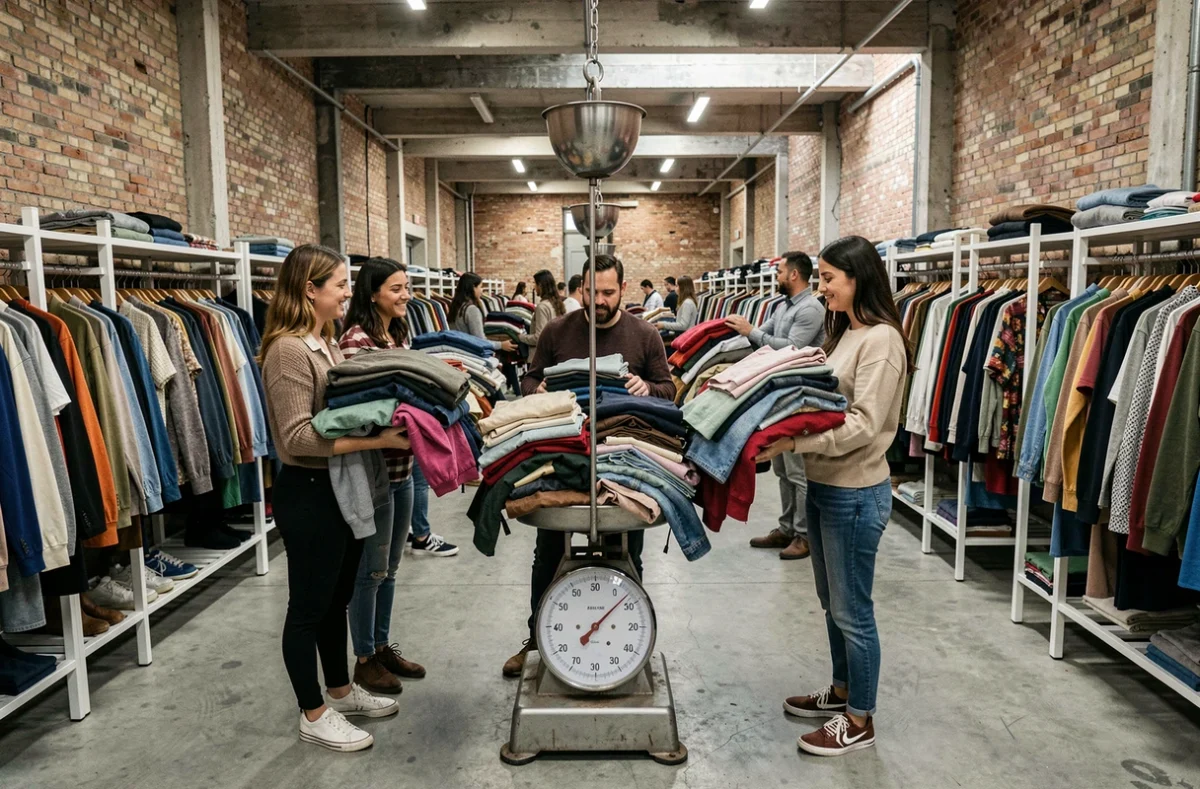 Groupe de clients pesant des vêtements vintage au kilo dans le Kilo Shop Marseille, vaste espace industriel avec des rangées de portants chargés