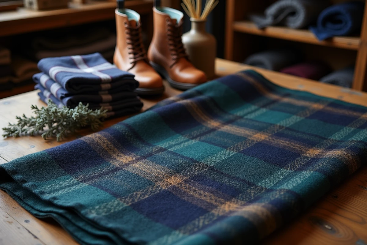 Détail d'un kilt irlandais en laine épaisse à carreaux marine et charbon posé sur une table en chêne avec accessoires d'hiver