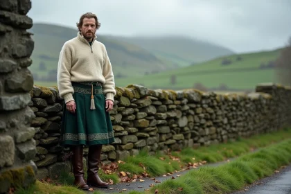 Homme portant un kilt irlandais en laine épaisse verte devant un mur de pierre moussu en campagne irlandaise