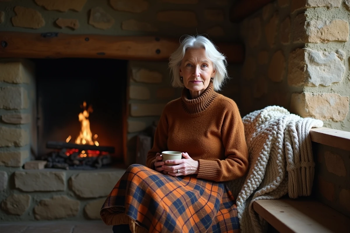 Femme assise dans un cottage irlandais en kilt de laine épais tartan rouille tenant une tasse chaude