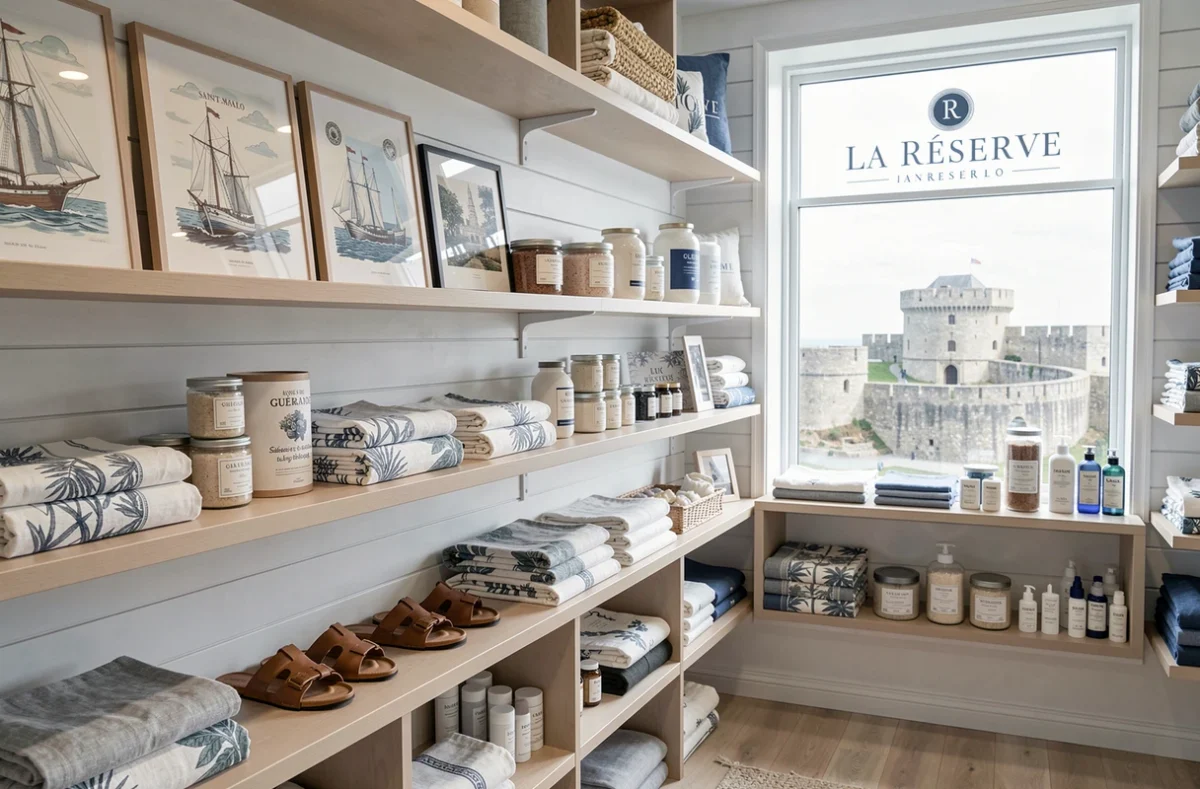 Boutique La Réserve à Saint-Malo avec des textiles en lin haut de gamme, des produits artisanaux à base de sel de Guérande et des sandales en cuir faites main sur fond de vue sur les remparts de la ville