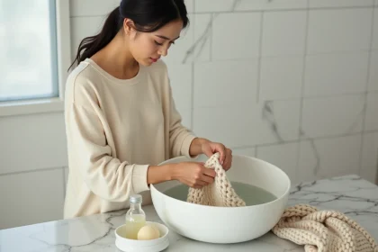 Femme lavant délicatement un pull en cachemire ivoire à la main dans un lavabo en céramique blanche avec du savon spécial laine