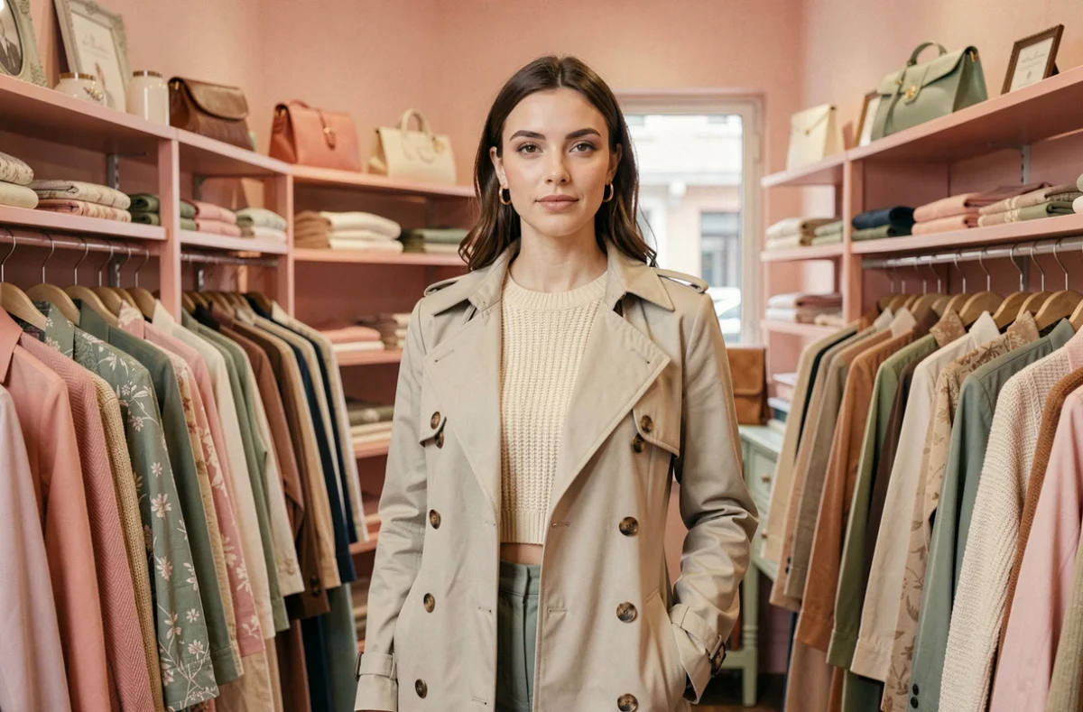 Femme élégante en manteau vintage structuré dans la boutique Lilou Vintage à Marseille, portants pastel et accessoires soigneusement présentés