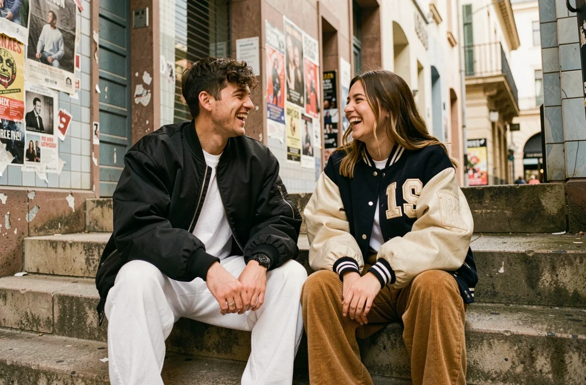 Deux amis en tenues oversize streetwear assis sur des marches en pierre dans un quartier urbain animé