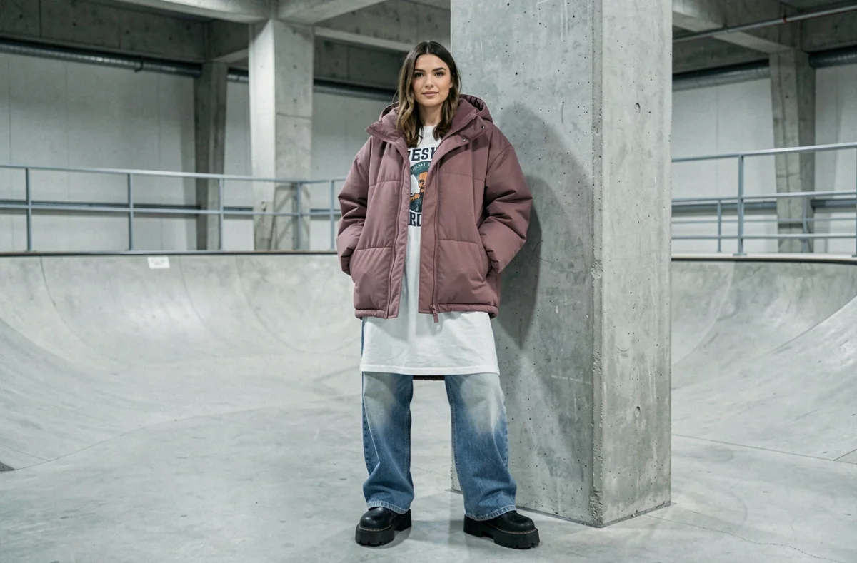 Femme en veste oversize puffer mauve et jean baggy dans un skatepark intérieur en béton